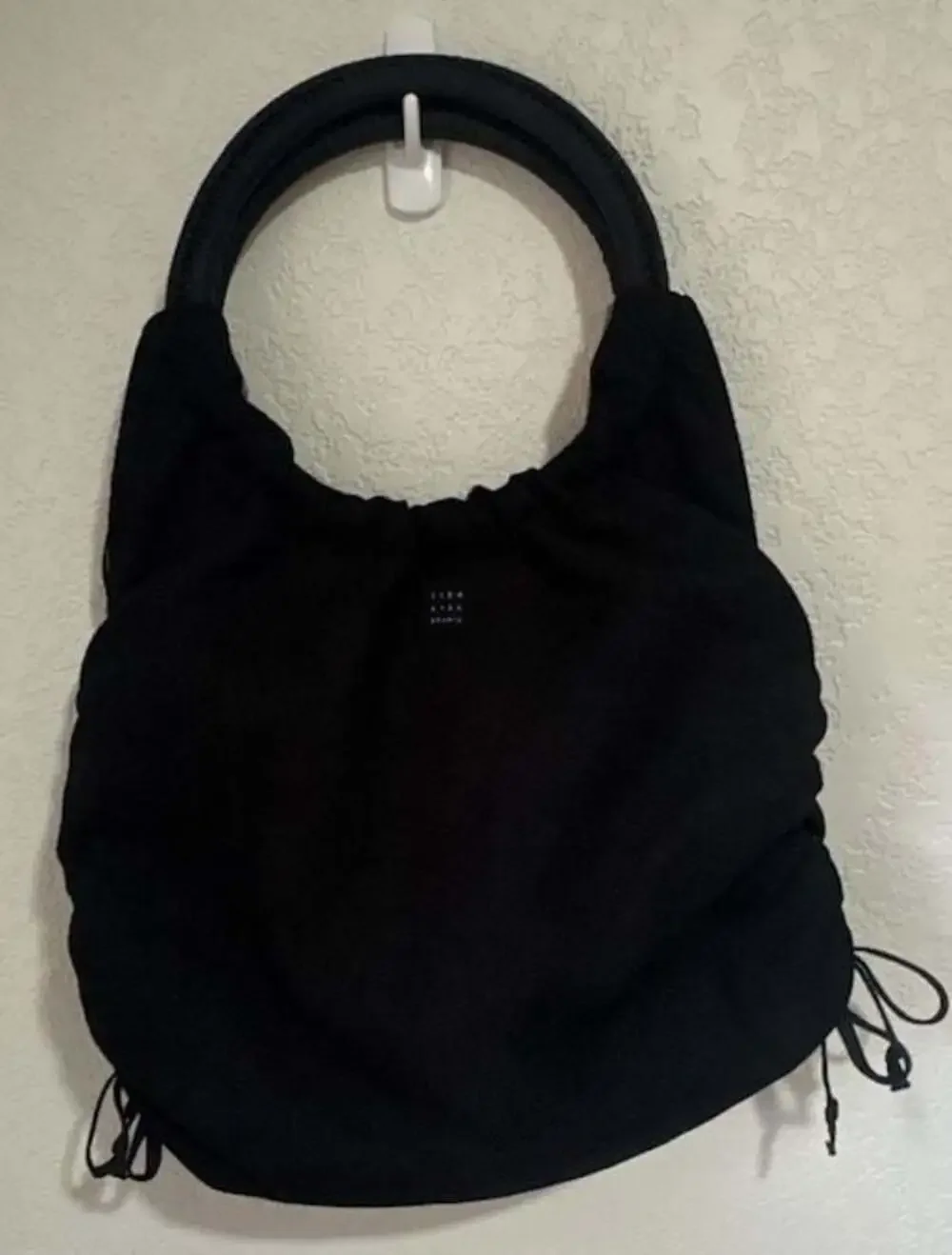 1154 LILL STUDIO Black Textured Hobo Handbag with Ring Handle and Drawstring Sid